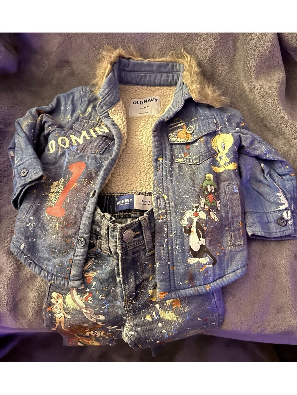 Old Navy Kids Denim Jacket & Jeans Custom Looney Tunes Set Sherpa Lined 12-18m